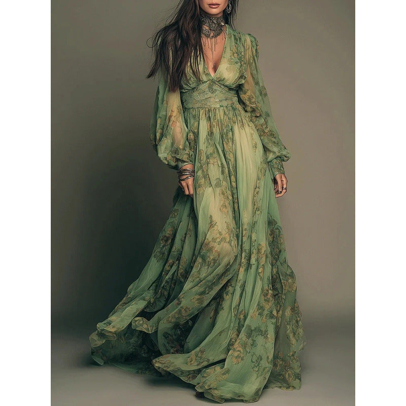 Boho Floral V-Neck Long Sleeve Flowy Maxi Dress