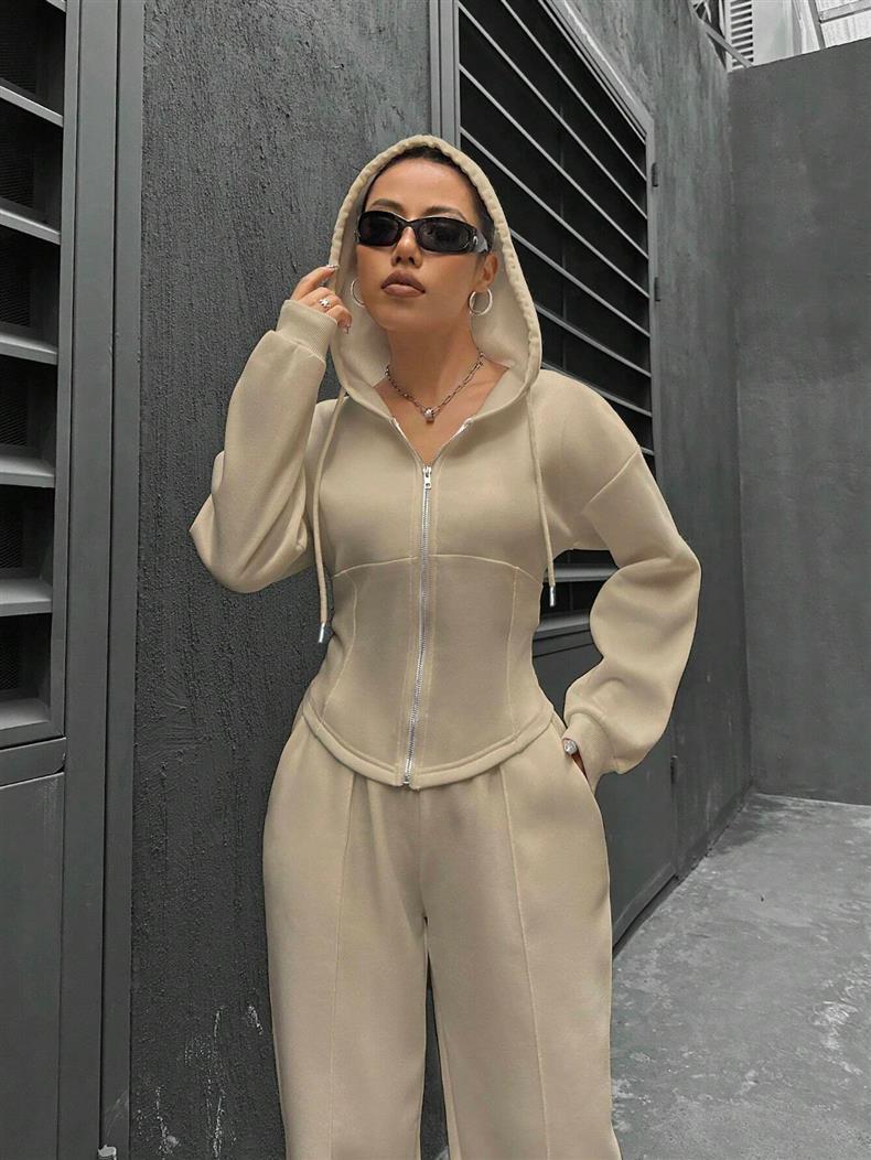 Fitted Zip Hoodie Wide Leg Sweatpants Two Piece Set