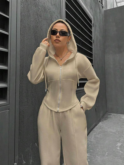 Fitted Zip Hoodie Wide Leg Sweatpants Two Piece Set