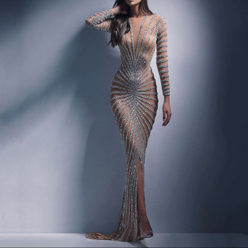Rhinestone Mesh Long Sleeve Slit Maxi Dress