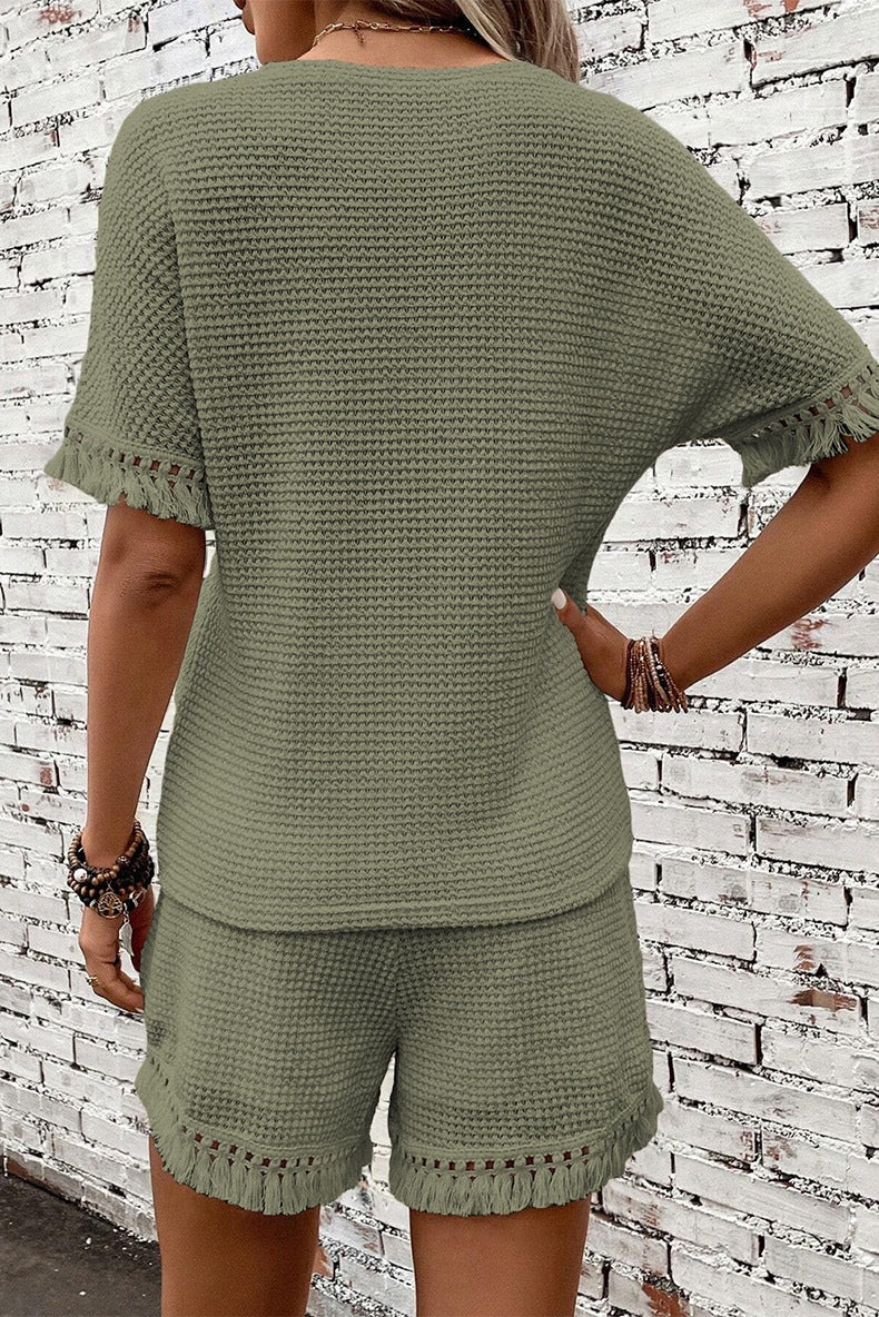 Waffle Knit Matching Set with Fringe Hem Details