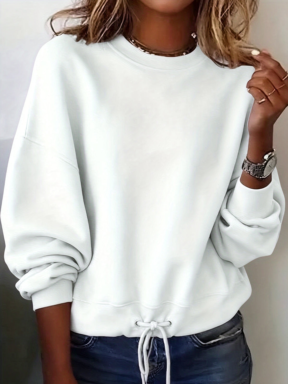 Women's Crewneck Sweatshirt Drawstring Hem Long Sleeve