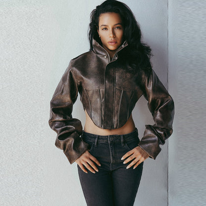Womens Faux Leather Corset Jacket Cropped Moto Zip Up