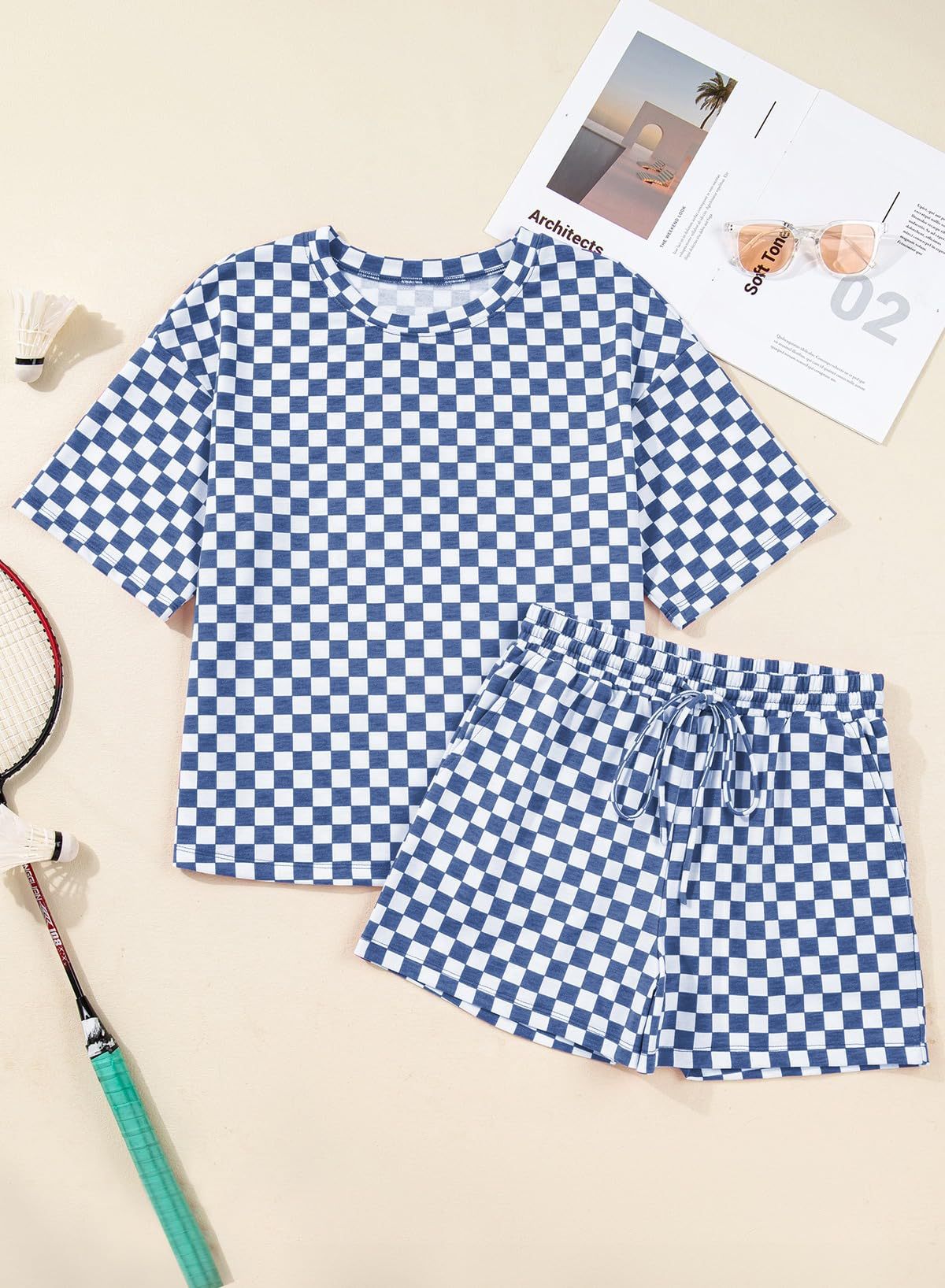 Rose Red Checkerboard Tee and Drawstring Shorts Set