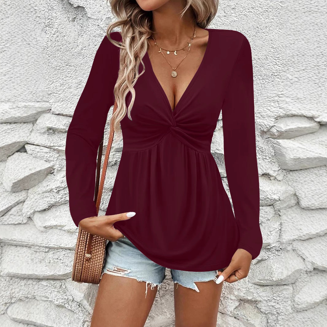 Women's Twist Front V Neck Long Sleeve Tunic Top