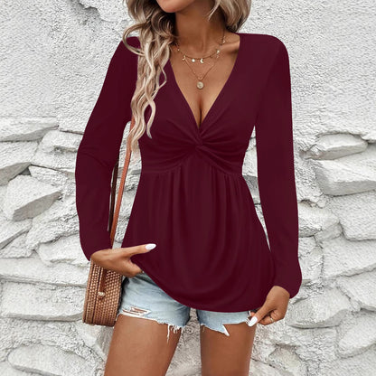 Women's Twist Front V Neck Long Sleeve Tunic Top