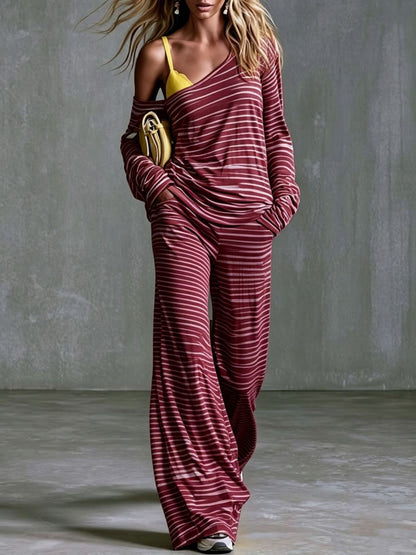 Women's Striped Off Shoulder Lounge Set Wide Leg Pants