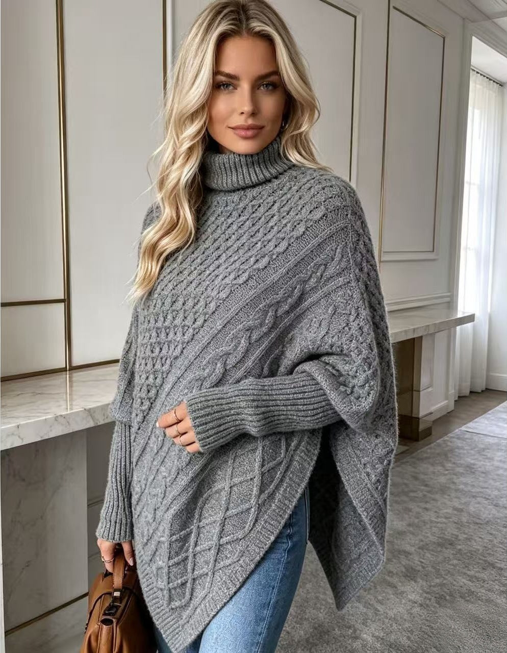 Women's Oversized Cable Knit Turtleneck Poncho Sweater