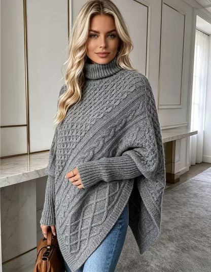 Women's Oversized Cable Knit Turtleneck Poncho Sweater