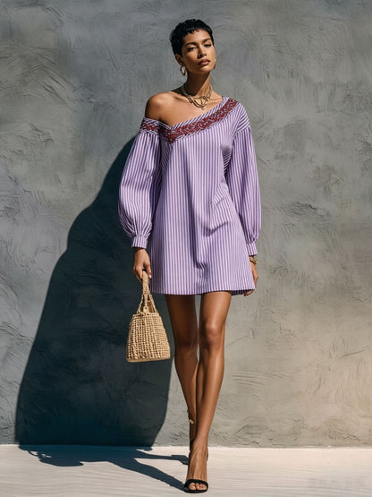 One Shoulder Striped Embroidered Lantern Sleeve Mini Dress