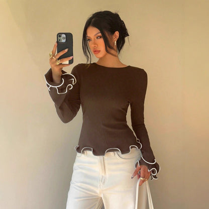 Women's Contrast Trim Ruffle Sleeve Fitted Knit Top
