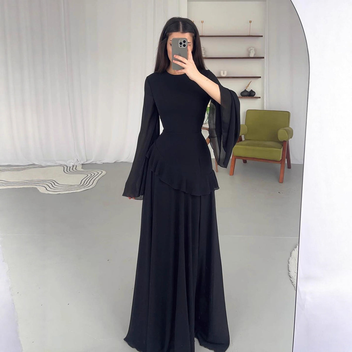 Elegant Bell Sleeve Ruffle Bodycon Maxi Dress
