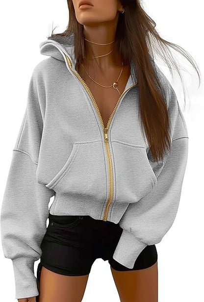 Women's Cropped Zip Up Fleece Hoodie Sweatshirt
