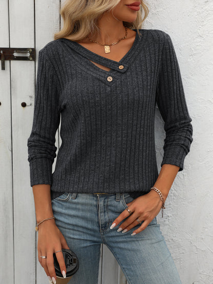 Ribbed V Neck Button Detail Long Sleeve Knit Top