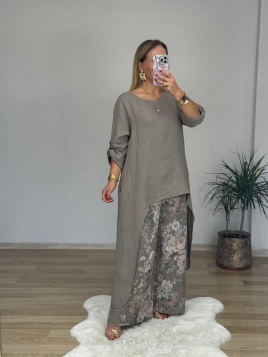 Women's Linen Asymmetric Top Floral Wide Leg Pants Set