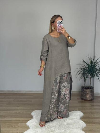 Women's Linen Asymmetric Top Floral Wide Leg Pants Set