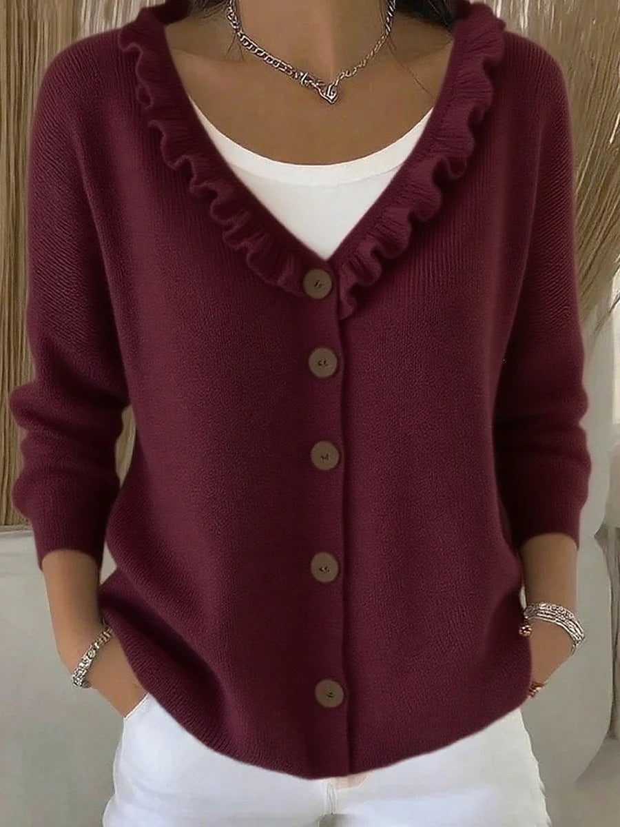 Ruffle Trim V Neck Knit Cardigan Sweater