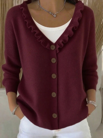 Ruffle Trim V Neck Knit Cardigan Sweater