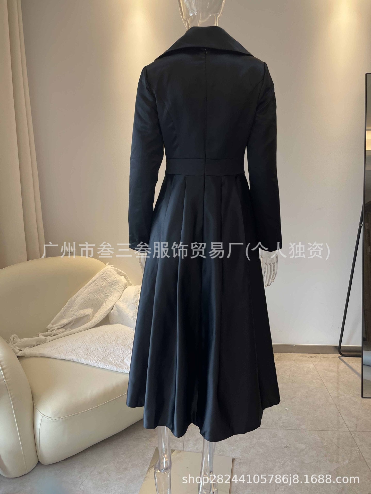 Elegant Satin Long Sleeve Belted A-Line Midi Dress Pockets
