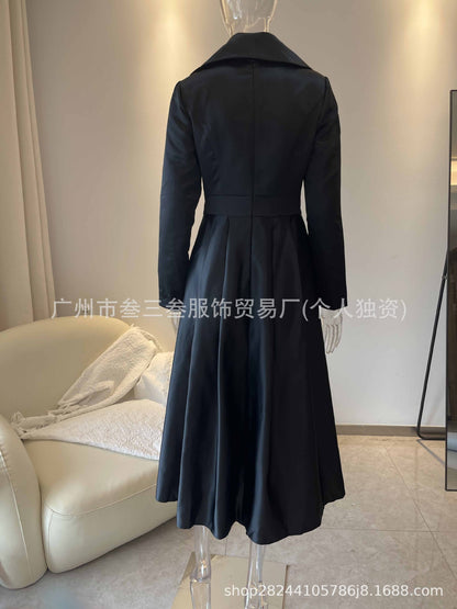 Elegant Satin Long Sleeve Belted A-Line Midi Dress Pockets