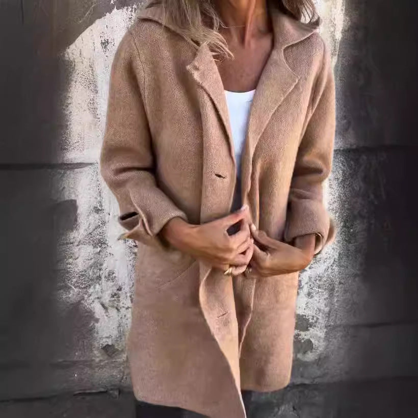Women Long Wool Coat Lapel Button Front Jacket Pockets