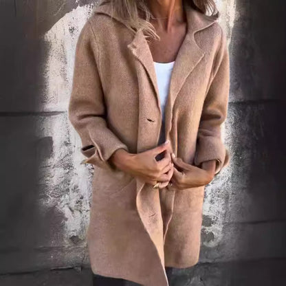 Women Long Wool Coat Lapel Button Front Jacket Pockets