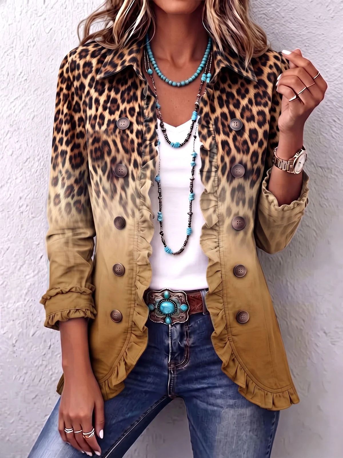 Women's Leopard Ruffle Button Down Long Sleeve Cardigan