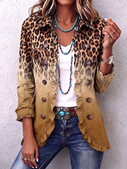 Women's Leopard Ruffle Button Down Long Sleeve Cardigan