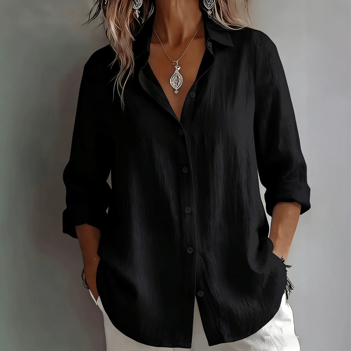 Women's Solid Button Down Shirt Long Sleeve Casual Blouse