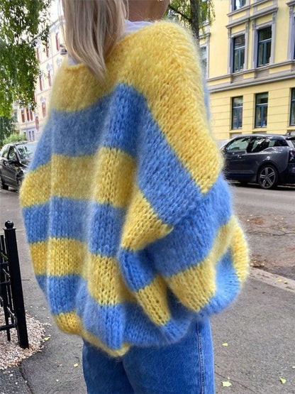 Oversized Chunky Knit Sweater Striped Color Block