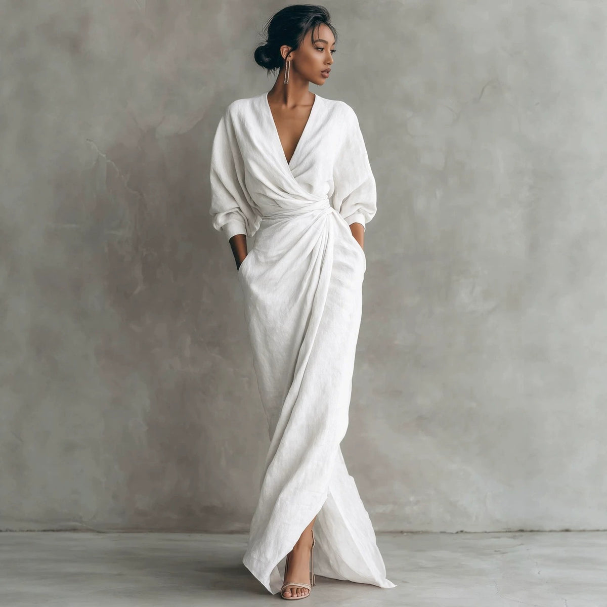 Elegant Wrap V-Neck Maxi Dress Side Slit Pockets