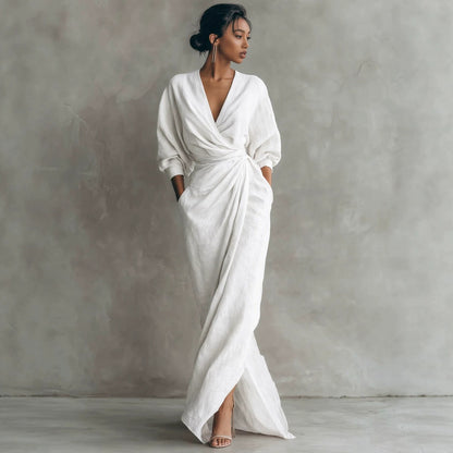Elegant Wrap V-Neck Maxi Dress Side Slit Pockets