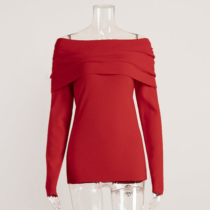 Women's Off Shoulder Draped Knit Fitted Long Sleeve Sweater