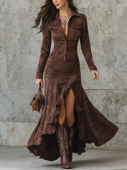 Bodycon Ruffle Maxi Dress Long Sleeve Slit