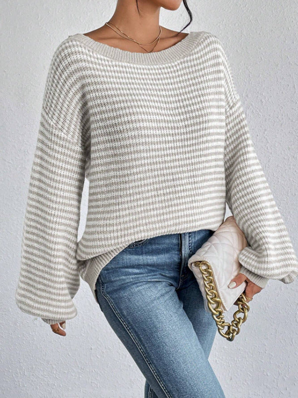 Women's Off Shoulder Striped Ribbed Sweater Top