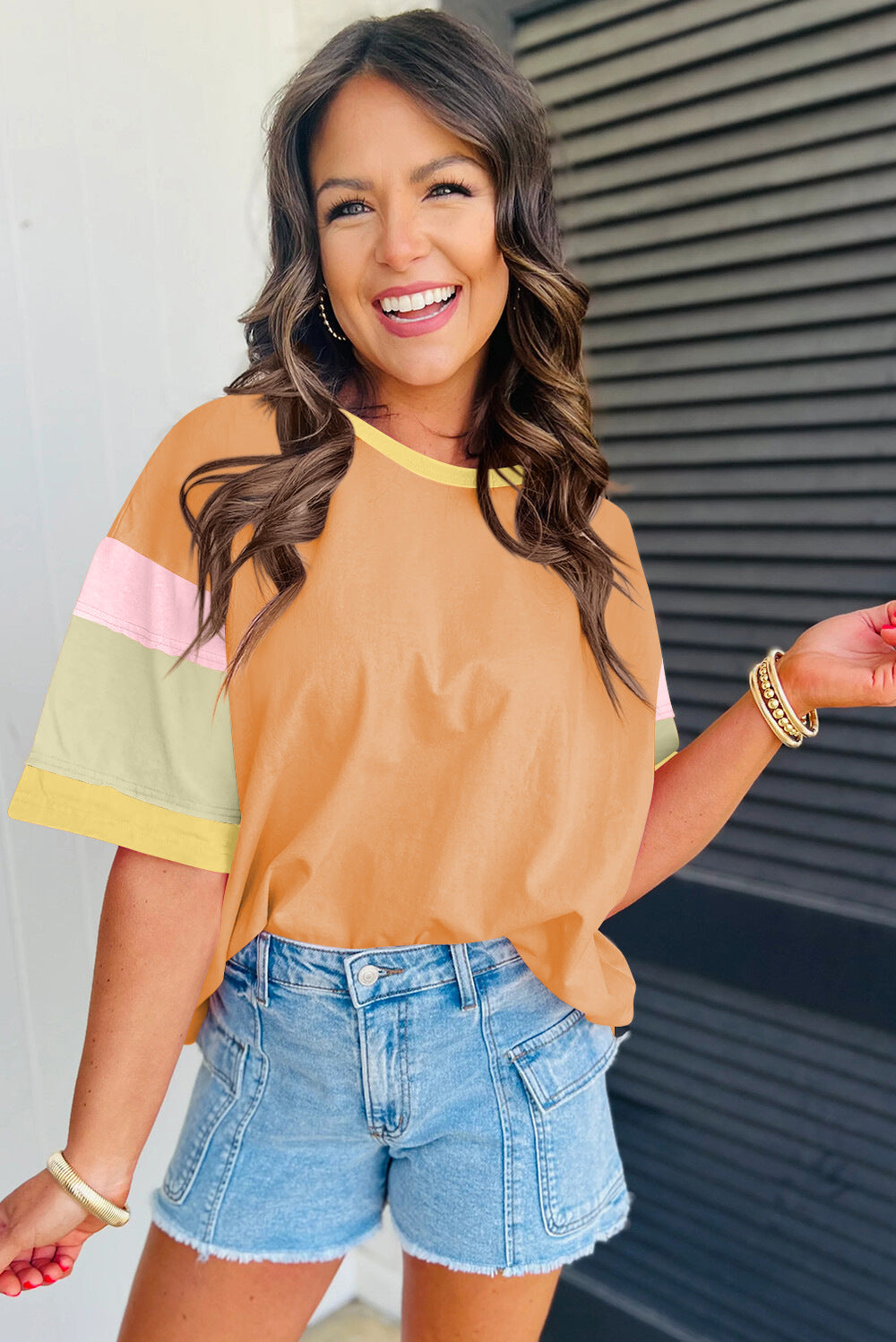 Colorblock Cotton Tee Loose Crew Neck Short Sleeve