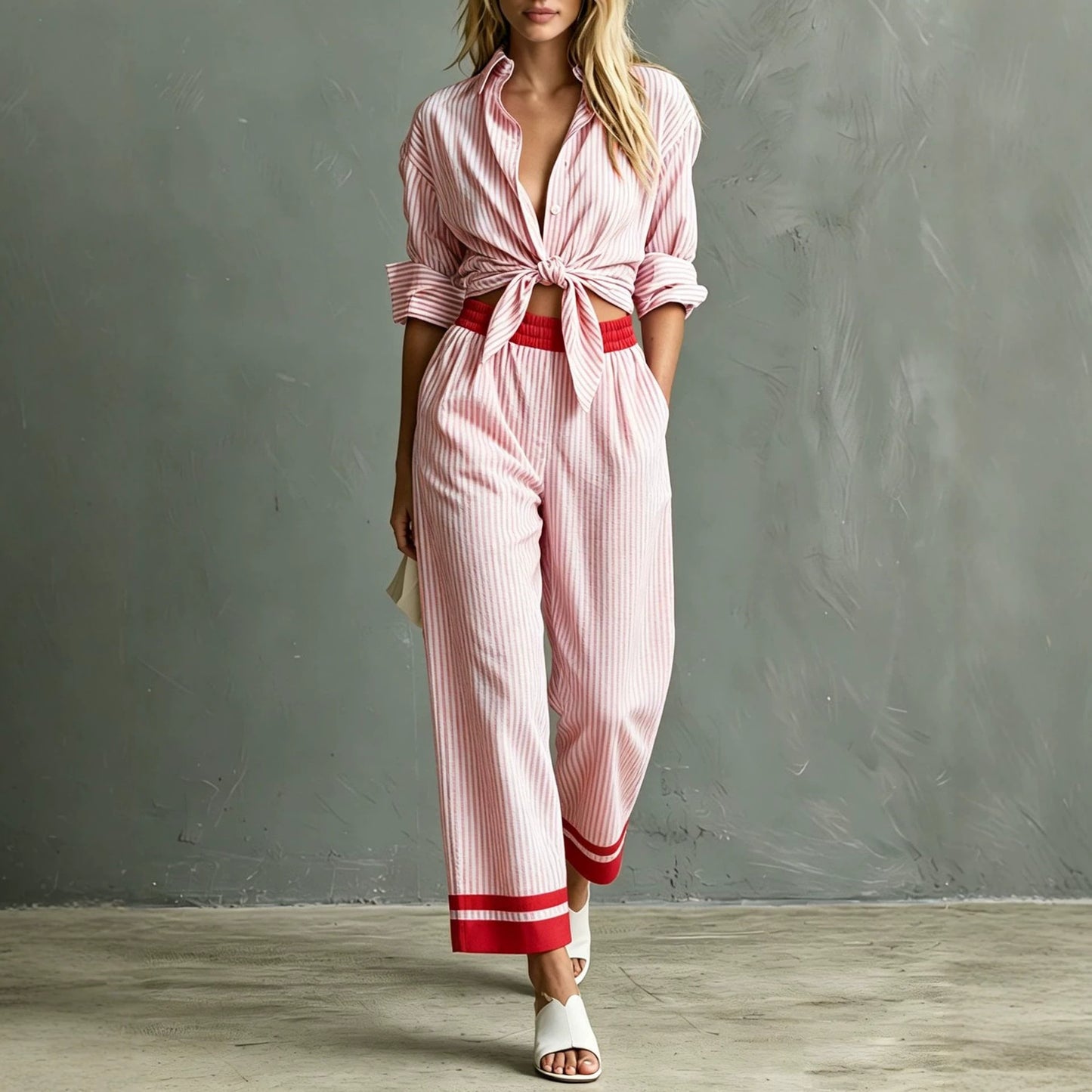 Women's Striped Button Down Shirt & Pants Matching Set