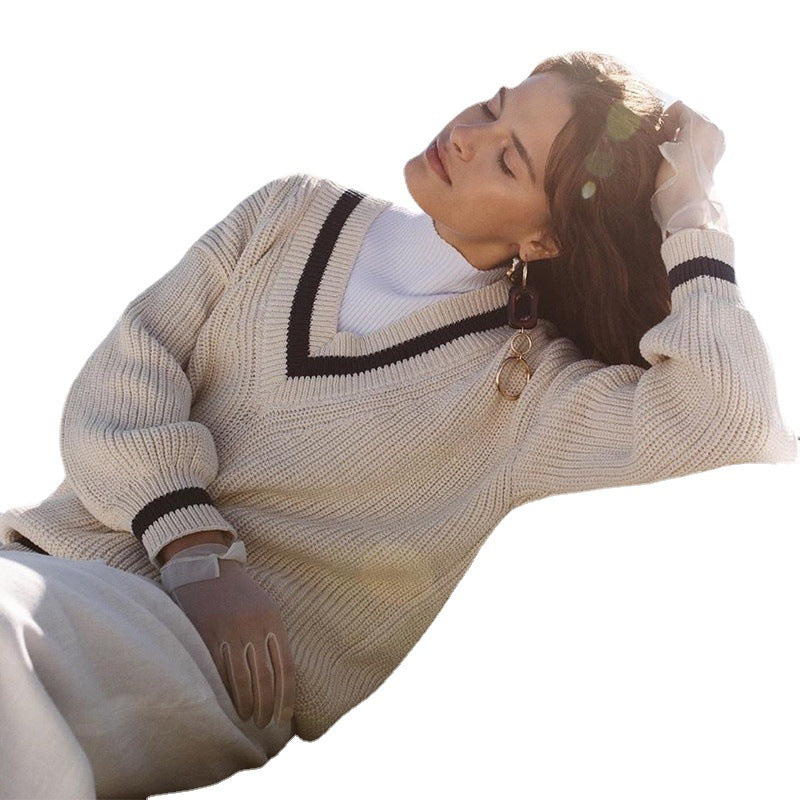 Oversized V-Neck Sweater Women's Long Sleeve Chunky Knit