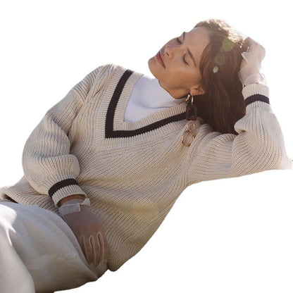 Oversized V-Neck Sweater Women's Long Sleeve Chunky Knit