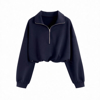 Women's Cropped Quarter Zip Drawstring Waist Sweatshirt