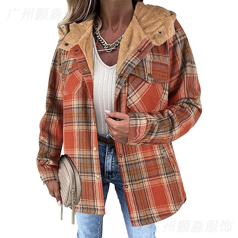 Women's Plaid Hooded Fleece Lined Shacket with Pockets