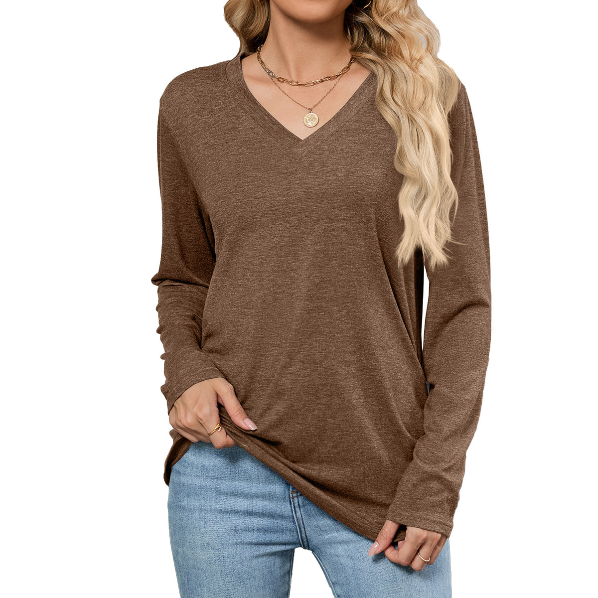 Women's V-Neck Long Sleeve Oversized Tunic Top Shirred