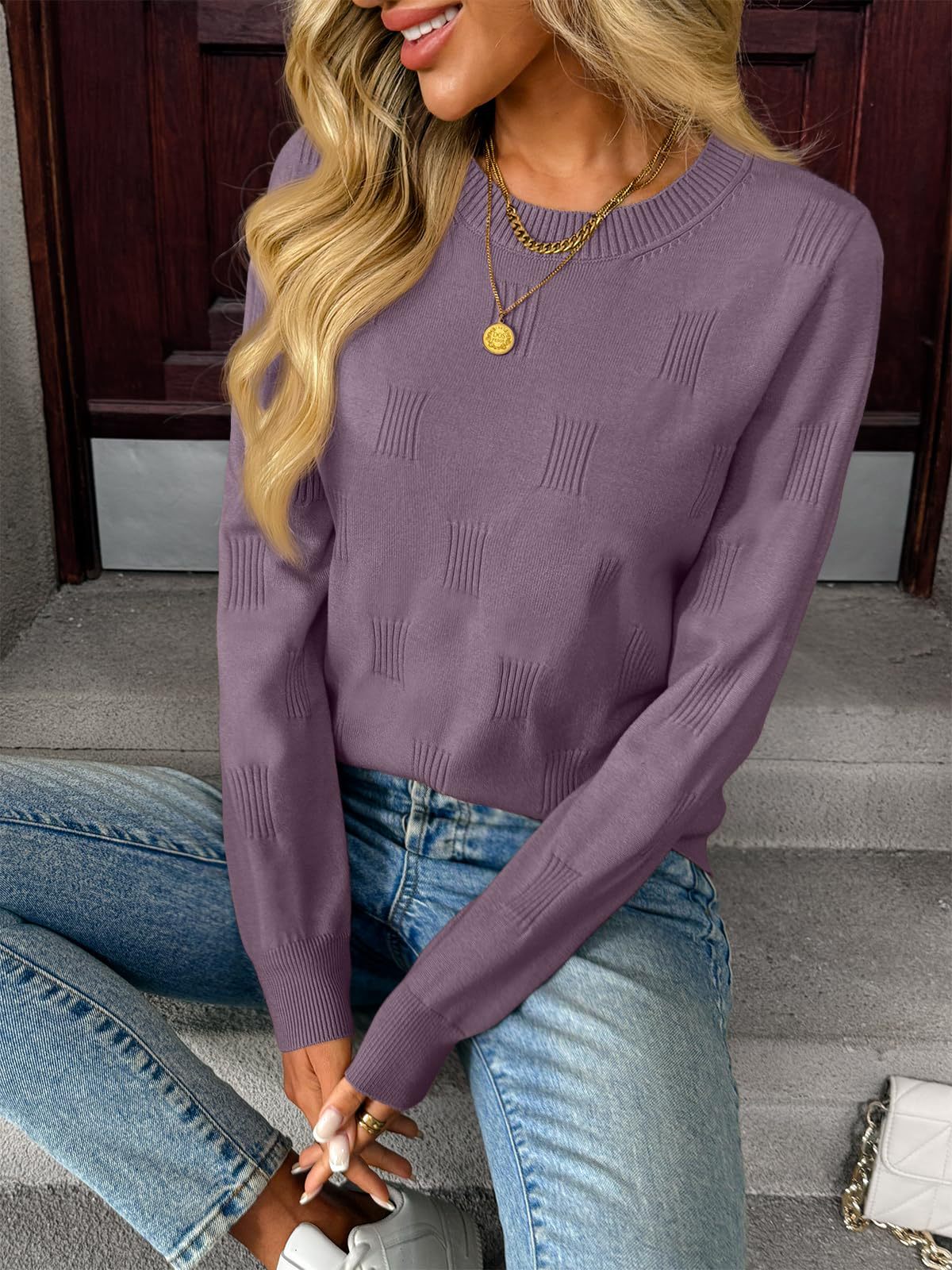 Textured Knit Crewneck Pullover Sweater for Women