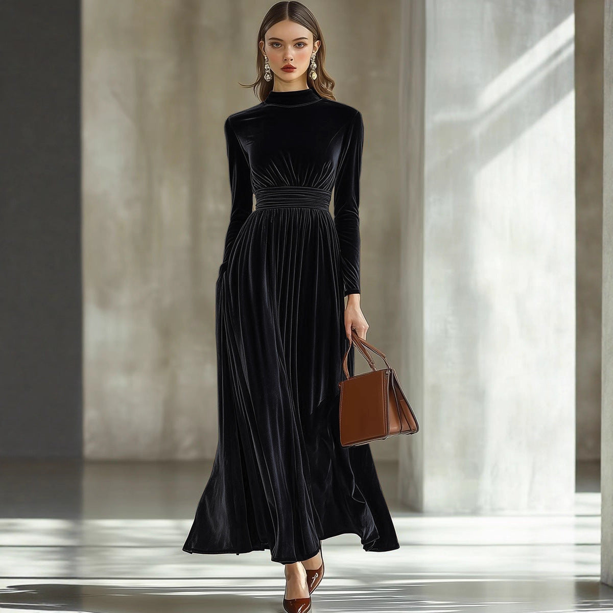 Velvet Maxi Dress Long Sleeve Mock Neck Smocked Waist