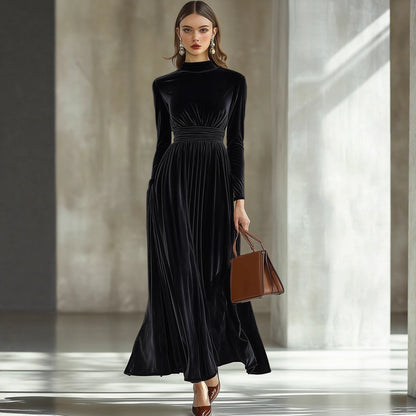 Velvet Maxi Dress Long Sleeve Mock Neck Smocked Waist
