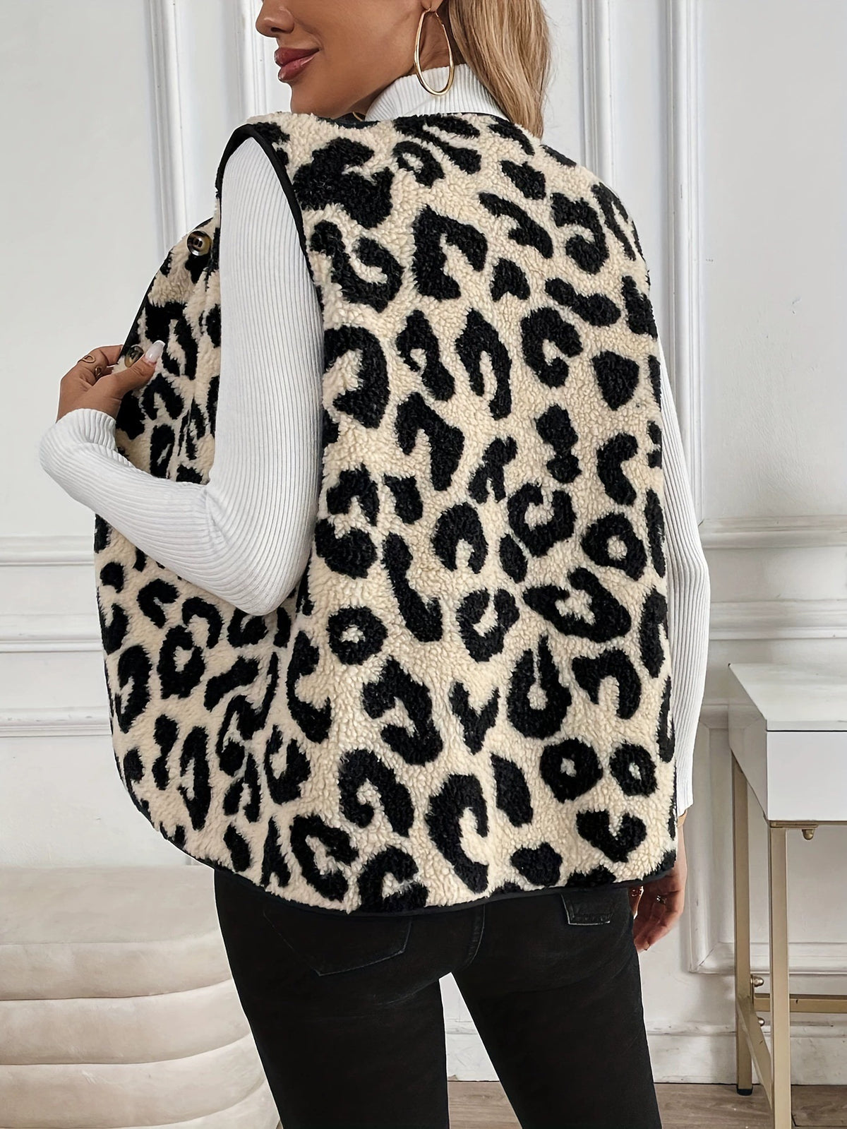 Women's Fuzzy Leopard Print Button Front Vest
