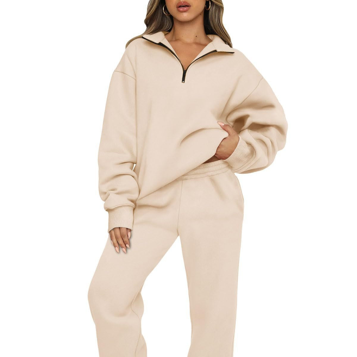 Womens Oversized Half Zip Fleece Sweatsuit Lounge Set