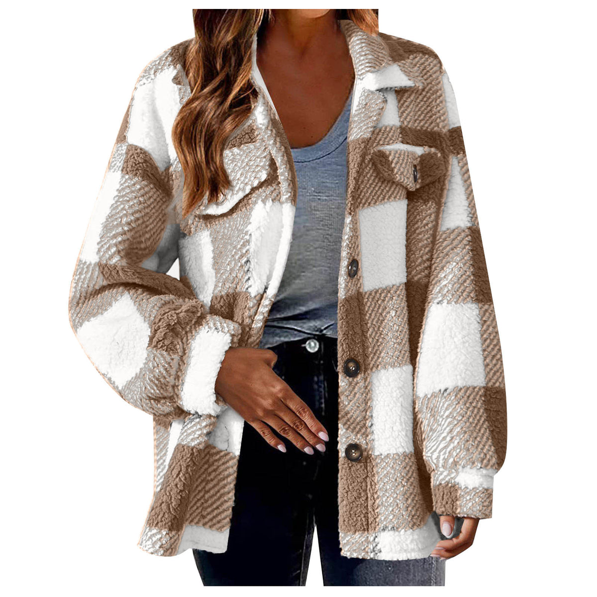 Women's Plaid Sherpa Shacket Button Down Fleece Jacket