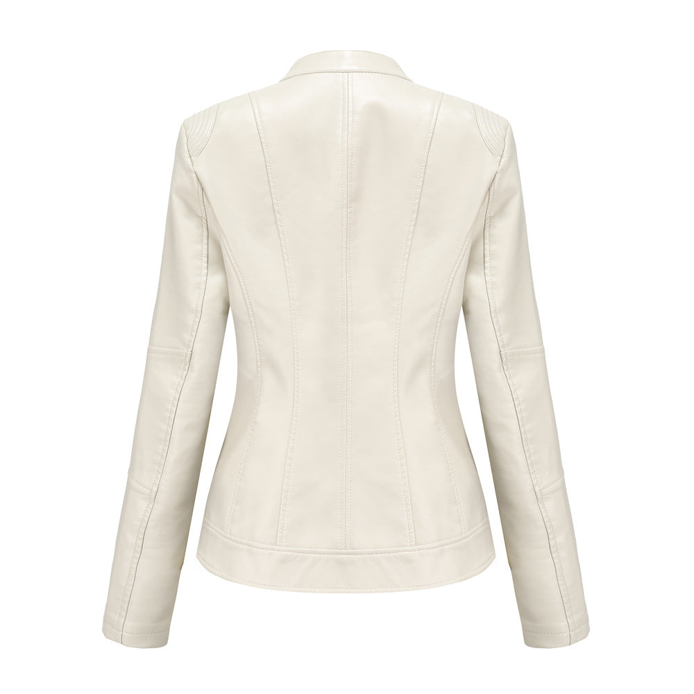 Women's Faux Leather Stand Collar Moto Jacket Zip Up