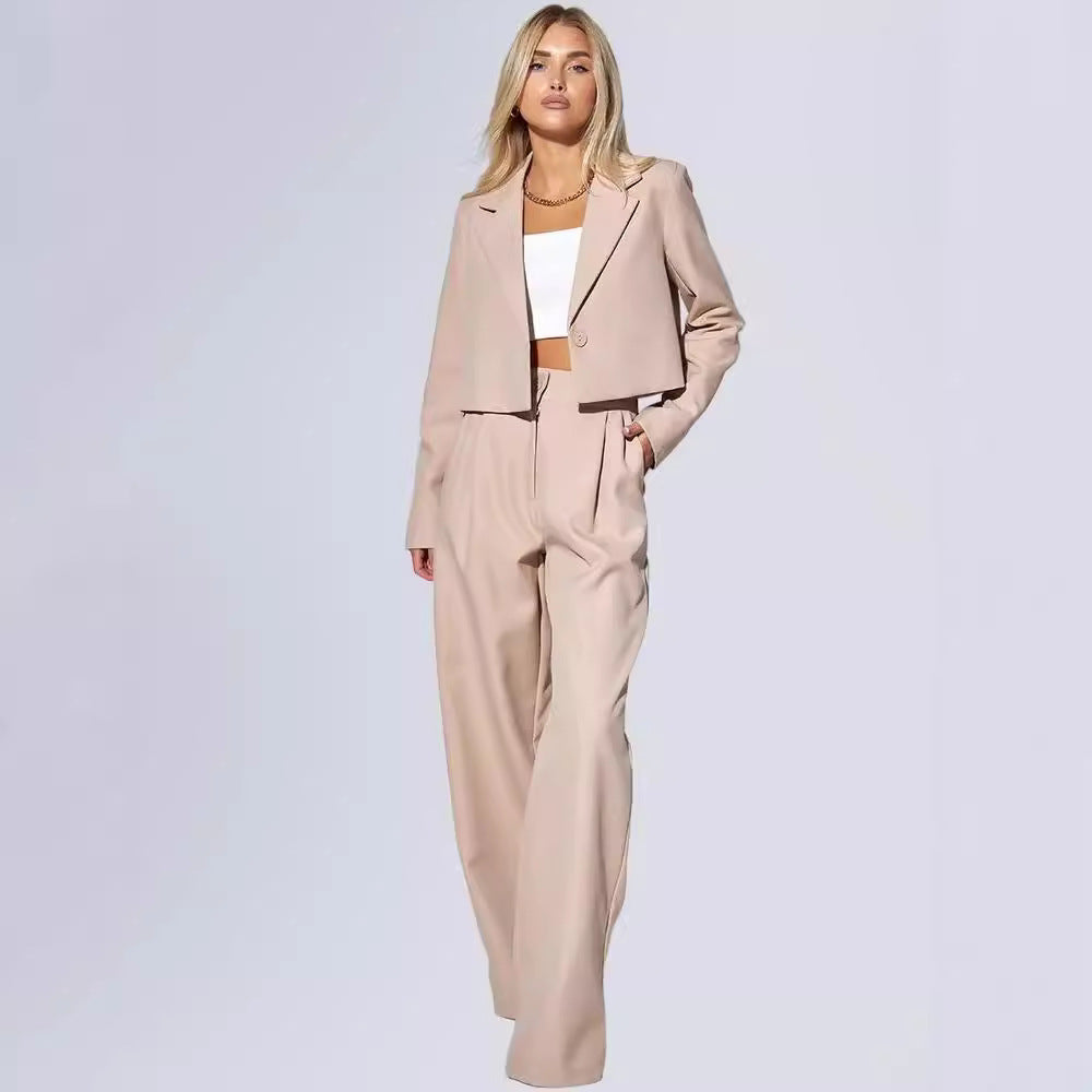Women's Cropped Blazer Wide Leg Pants 2 Piece Set
